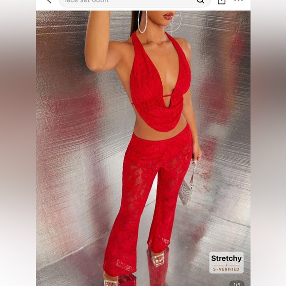 Red Lace Halter Jumpsuit - Picture 1 of 6